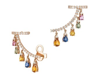 Diamond & Multi Sapphire Ear Climber Drop Earrings 18K Rose Gold, 1.14ct Diamonds, 2.47ct Sapphire