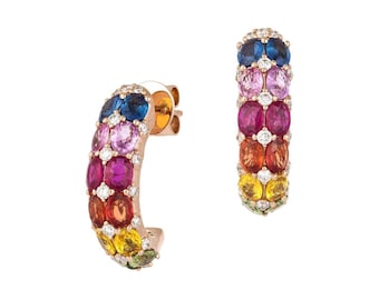 Rainbow Sapphire & Diamond Huggie Earrings 18K Rose Gold, 6.90ct Sapphire, 0.60ct Diamonds
