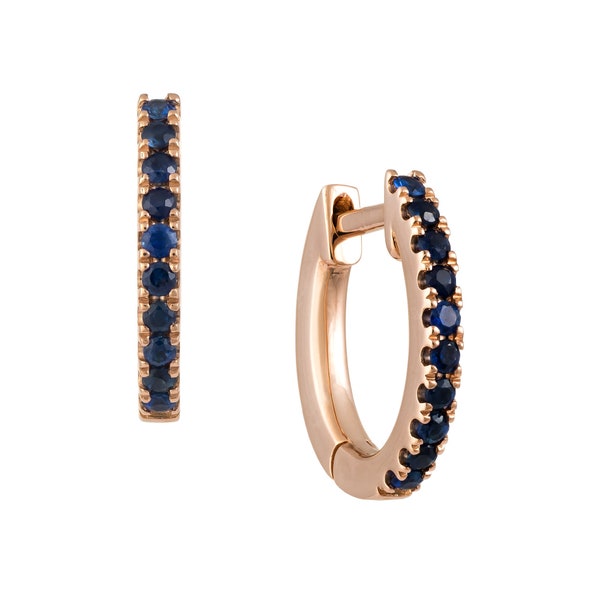 18k Rose Gold Blue Sapphire Huggie Earrings, Natural Blue Sapphire Dainty Huggie Hoop Earrings, Genuine Blue Sapphire Huggies