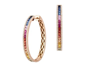 Rainbow Sapphire Diamond Hoop Earrings 18K Rose Gold, Luxury Statement Jewelry