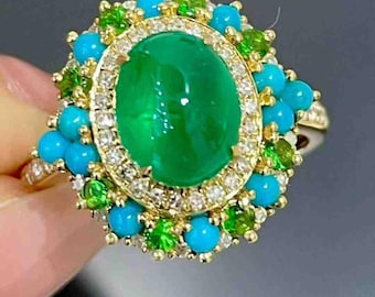 Emerald Ring, 18K Gold, Diamonds, Turquoise & Tsavorite Garnet