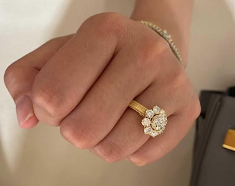 18k Gold Hand-Brushed Sunflower Diamond Ring, 1ct Center, 5ct Illusion Statement