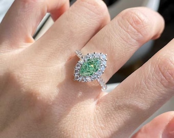 Marquise Green Diamond Halo Ring – 18K Gold Engagement Fine Jewelry