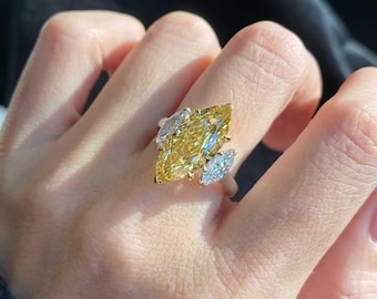 Diamond Ring 5ct Fancy Vivid Yellow | Marquise Center Stone | Three-Stone Design | IGI Certified