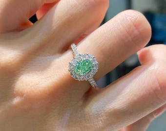 Oval Green Diamond Halo Ring – 18K Gold Statement Engagement Jewelry