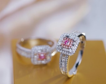 18K Gold Pink Diamond Ring, Square Pink Diamond Ring, Baguette Diamond Ring, Romantic Vintage Inspired Ring, Gift for Her