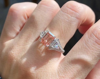 Lab Grown Pink Emerald Cut Diamond Ring 1.81ct VS2, Halo Accent Diamonds 0.50ct