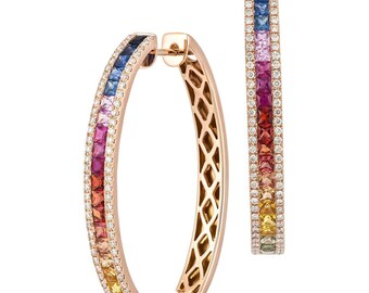18K Rose Gold Rainbow Sapphire Diamond Hoop Earrings, Statement Jewelry