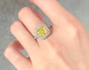 Bague de fiançailles double halo de diamants jaunes fantaisie 2 carats