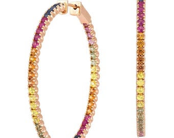 Rainbow Sapphire Hoop Earrings 3.44ct, 18K Rose Gold, Colorful Luxury Statement Earrings