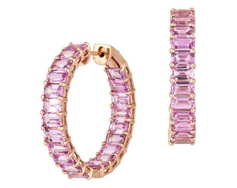 Pink Sapphire Hoop Earrings 13.60ct, 18K Rose Gold, Luxury Statement Earrings