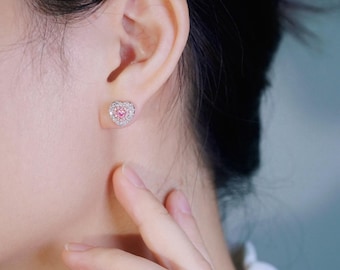 18K Gold Pink Diamond Heart Stud Earrings, 0.22ct Center Stone, Romantic Fine Jewelry