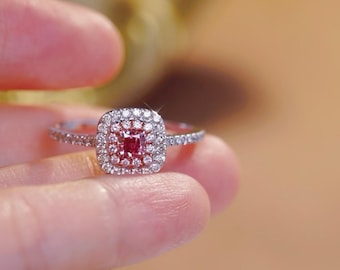 18K Gold Pink Diamond Ring, 0.75ct Square Pink Diamond Ring, 0.30ct Center Stone, Halo Diamond Ring, Feminine Gold Ring, Gift for Her