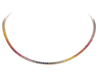 Rainbow Sapphire Tennis Necklace 10ct, 18K Rose Gold, Colorful Luxury Statement Jewelry