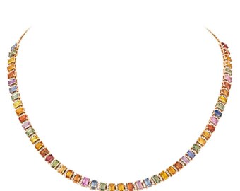Rainbow Sapphire Diamond Necklace, 18K Rose Gold Statement Jewelry