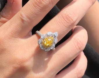 Yellow Diamond Rings - 18K Gold Natural Yellow and White Diamond Ring