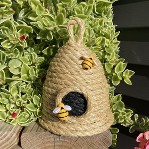 Cute Bee Skep / Hive Bee Decor Bumble Bees Handmade With Clay With Flowers  and Cute Baby Bees 