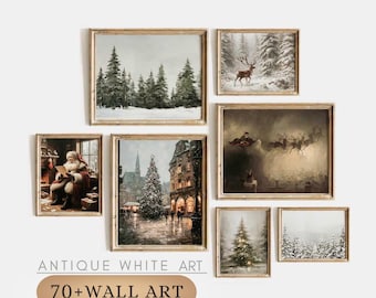 Conjunto de pôsteres vintage de árvores de Natal para imprimir, arte de parede com tema de inverno, pôster do Papai Noel, decoração natalina estilo fazenda, download digital | S38
