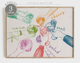 Può includere: Un'illustrazione colorata di sei mani che alzano bicchieri con diversi brindisi scritti su ogni bicchiere. I brindisi sono "prost", "cheers", "cin cin", "santé", "salud" e "kanpai".