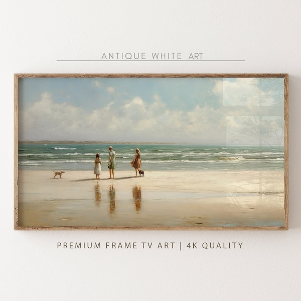 Art neutre pour téléviseur avec cadre Samsung, paysage côtier, douce décoration murale maison de plage vintage estivale, peinture bord de mer océan, téléchargement numérique | TV38