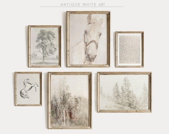 Antique Pastel Wall Art Set of 6, Printable Gallery, Digital Download, White Horse Painting, Moody Warm Aesthetic Decor, Horse Sketch S31