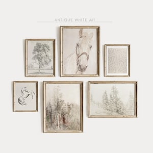 Antique Pastel Wall Art Set of 6, Printable Gallery, Digital Download, White Horse Painting, Moody Warm Aesthetic Decor, Horse Sketch S31