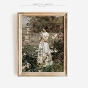 Elegante dama en un jardín francés (imprimible), pintura al óleo vintage de una coqueta primaveral, retrato de mujer en un jardín de rosas, impresión mural antigua (A40)