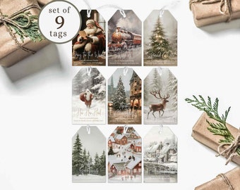 Printable Christmas Tags, Holiday Gift Tags, Farmhouse Christmas Tags, Winter Gift Tags, Set of 9 Christmas Gift Tags, Digital Download TG1