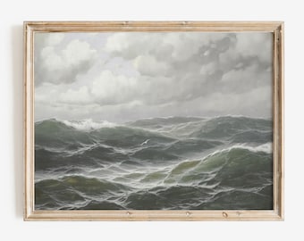 May include: A framed painting of a stormy sea with large waves crashing against each other. The sky is overcast with gray clouds. The painting is in a light wood frame.