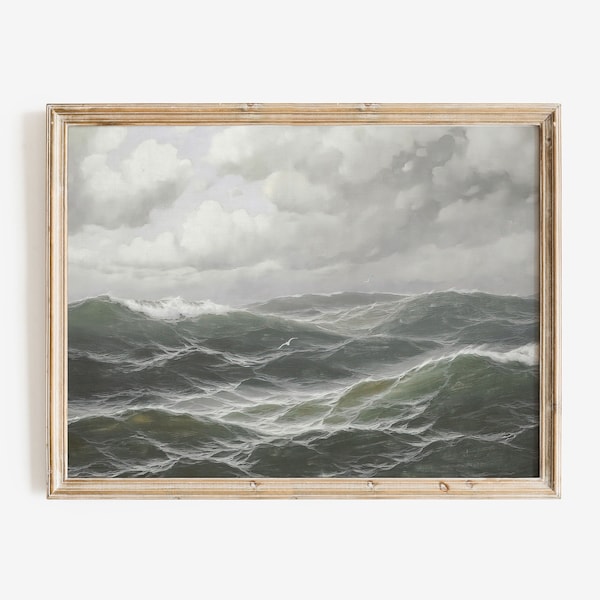 Art mural de tempête océanique de mauvaise humeur, paysage marin orageux, impression d'art vintage vagues, peinture numérique nautique nautique, impression océan vintage nuageux | A05