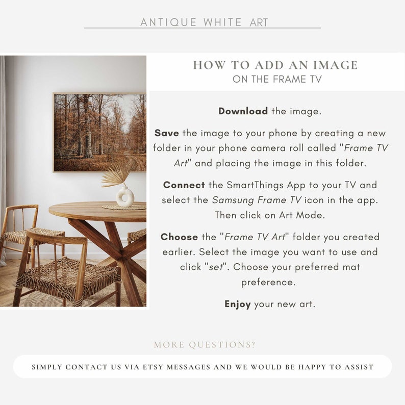 May include: An interior design scene featuring a framed landscape art print, a round wooden table, and two woven chairs. The text reads "ANTIQUE WHITE ART" and instructions on how to add an image to a Frame TV.