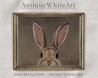 Donkere paasprint, konijn in wilde bloemen, humeurige vintage stijl Pasen muurkunst, rustieke landelijke boerderij lente decor, instant download | A426