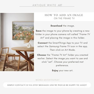 May include: Instructions on how to add an image to a Samsung Frame TV. The image shows a wooden table with two chairs and a Frame TV displaying a painting of a seascape.