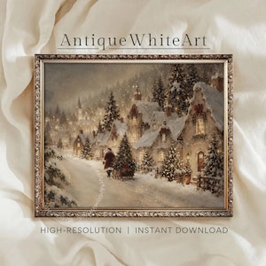 May include: A framed wall art print featuring a snowy winter village scene at dusk. The image depicts a figure walking along a path toward illuminated houses and pine trees covered in snow. The text AntiqueWhiteArt is visible at the top.