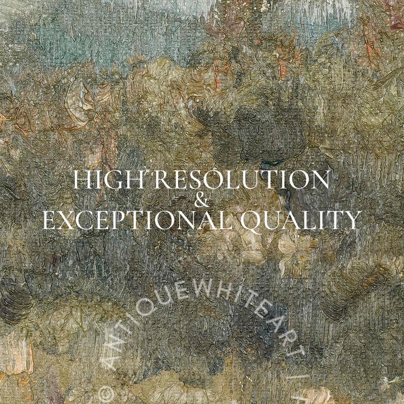 May include: A close-up of a textured, abstract painting with shades of green, brown, and white. The text "HIGH RESOLUTION & EXCEPTIONAL QUALITY" is superimposed on the image. The text "ANTIQUE WHITE ART" is also visible in the lower right corner.