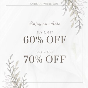 May include: A white background with a brown border and floral accents. The text "Enjoy our Sale" is written in a cursive font. The text "BUY 3, GET 60% OFF" and "BUY 5, GET 70% OFF" is written in a bold font.