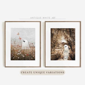 May include: Two framed prints with a white ghost in a field of flowers and a white ghost in a forest. The frames are antique white.