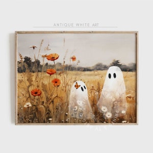 Ghosts in Wildflower Field, Fall Spooky Halloween Wall Art, Vintage Autumn Landscape, Spooky Halloween Decor, Autumn Spooky Painting | A155