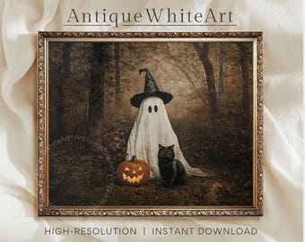 May include: A framed Halloween-themed print featuring a ghost wearing a witch hat, a carved pumpkin, and a black cat in a forest setting. The print has the text "Antique White Art" and "HIGH-RESOLUTION | INSTANT DOWNLOAD".