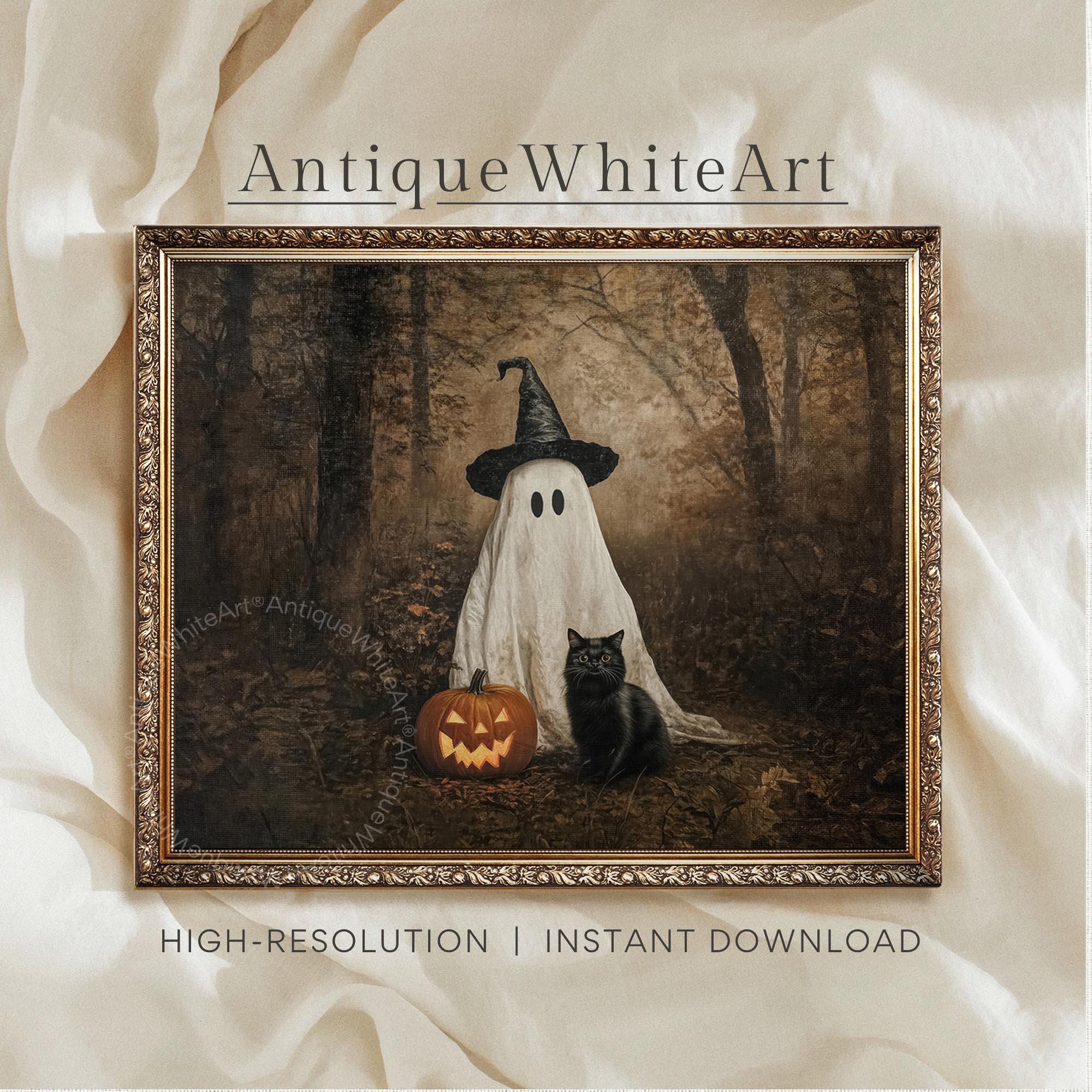 PRINTABLE Vintage Halloween Print, Cute Ghost & Black Cat in Dark Fall ...