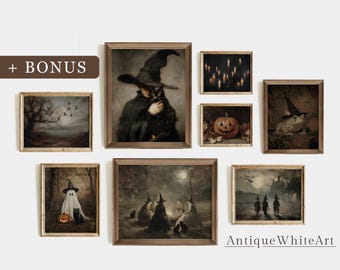 May include: A set of framed vintage Halloween art prints. The prints depict witches, black cats, pumpkins, and eerie scenes in a muted colour palette. The text "Antique White Art" is visible.