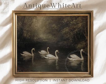 May include: A framed vintage painting depicts four white swans gracefully gliding on a dark, reflective body of water. The artwork, set in a gold frame, has a muted color palette with the text "Antique White Art" at the top.