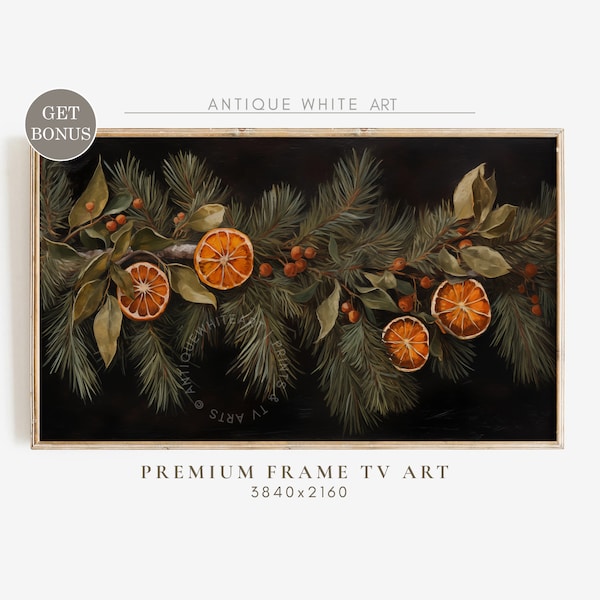 Kerst Frame TV Art, Vintage stijl Oranje Garland en Fir Branch, Citruskunst, Vintage Botanische Vakantie Samsung Frame TV Schilderij | WA56