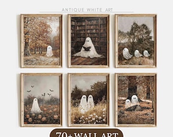 May include: A set of six framed wall art prints featuring ghosts in various settings, including a forest, a library, and a pumpkin patch. The prints have a muted, vintage color palette with brown, green, and white tones. Text reads ANTIQUE WHITE ART.