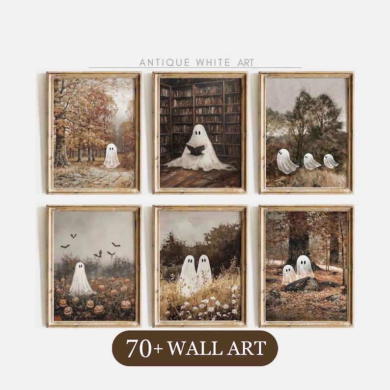 May include: A set of six framed wall art prints featuring ghosts in various settings, including a forest, a library, and a pumpkin patch. The prints have a muted, vintage color palette with brown, green, and white tones. Text reads ANTIQUE WHITE ART.