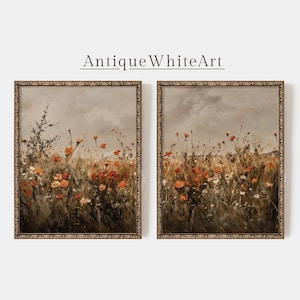 Könnte beinhalten: Zwei gerahmte Vintage-Kunstdrucke mit einem Feld aus Wildblumen in Orange-, Rot- und Weißtönen. Das Kunstwerk ist vor einem gedämpften, bewölkten Himmel platziert. Die Rahmen haben ein dekoratives, verziertes Design. Der Text "Antique White Art" befindet sich über den Rahmen.