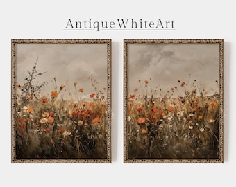 May include: Two framed vintage art prints featuring a field of wildflowers in shades of orange, red, and white. The artwork is set against a muted, cloudy sky. The frames have a decorative, ornate design. The text "Antique White Art" is above the frames.