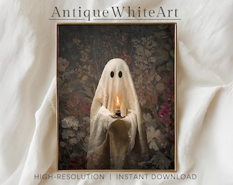 Könnte beinhalten: Gerahmtes Kunstwerk mit einem Geist, der eine brennende Kerze hält. Der Geist ist in ein weißes Laken mit schwarzen Augenlöchern gehüllt. Der Hintergrund ist ein Blumendesign. Der Text "Antique White Art" und "HIGH-RESOLUTION | INSTANT DOWNLOAD" sind sichtbar.