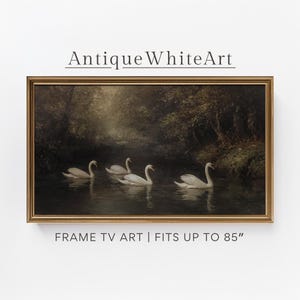 May include: A framed painting depicting four white swans on a dark river, set within a gold-coloured frame. The artwork has a vintage style. The text "Antique White Art" is at the top, and "FRAME TV ART | FITS UP TO 85"" is at the bottom.