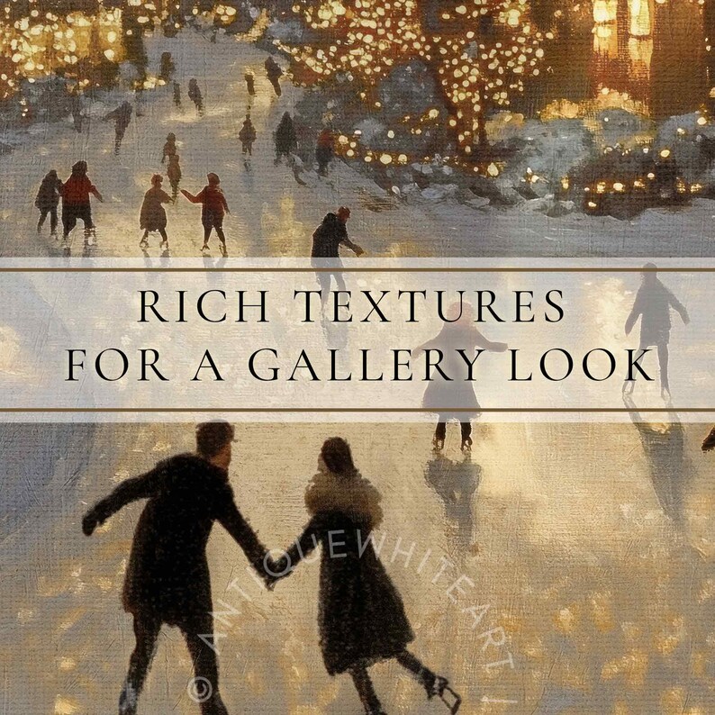 May include: A painting of a winter scene with people ice skating on a frozen lake. The scene is lit by warm, golden lights from the trees and buildings in the background. The painting has a textured, painterly style.